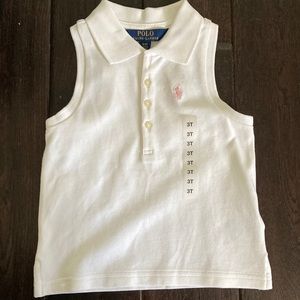 Sleeveless white polo toddler girl shirt with pink polo Ralph Lauren emblem
